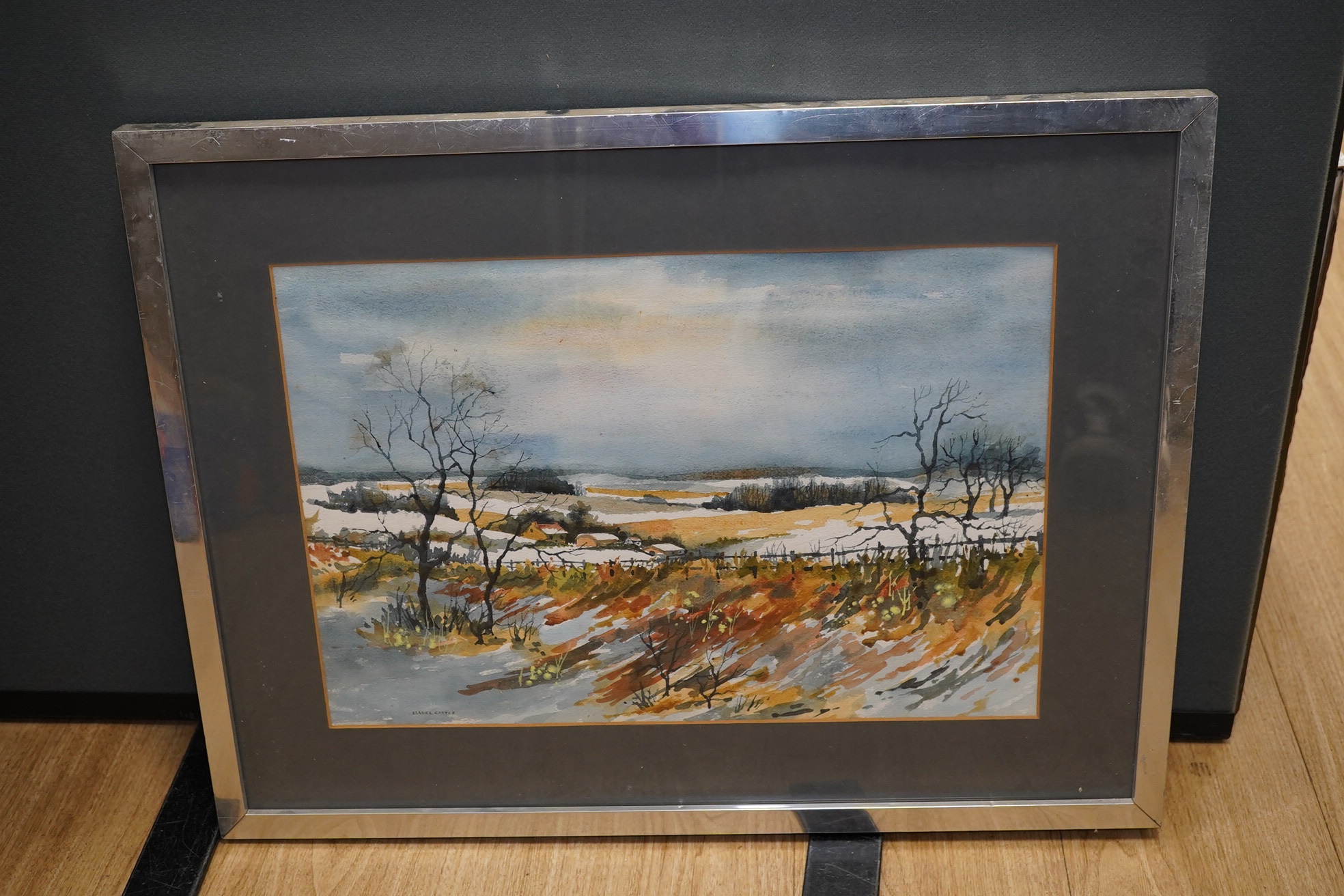 Isabel Castle, watercolour, ‘Snow in the Mole Valley’, signed, label verso, 32 x 46cm. Condition - fair